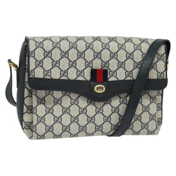 GUCCI GG Supreme Sherry Line Shoulder Bag PVC Navy Gold Auth - Picture 1 of 16